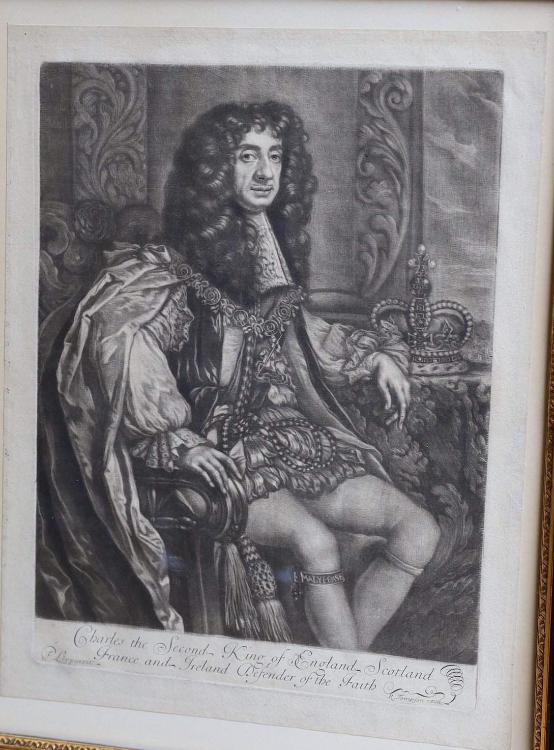 Two 18th century engravings of the Duke of Marlborough, after vander Werf, 63.5 cm x 42cm, and The Lord Aubrey Beauclerk engraved by G. Vertue, a lithograph of Charles II and a photogravure of Diana Duchess of St Albans